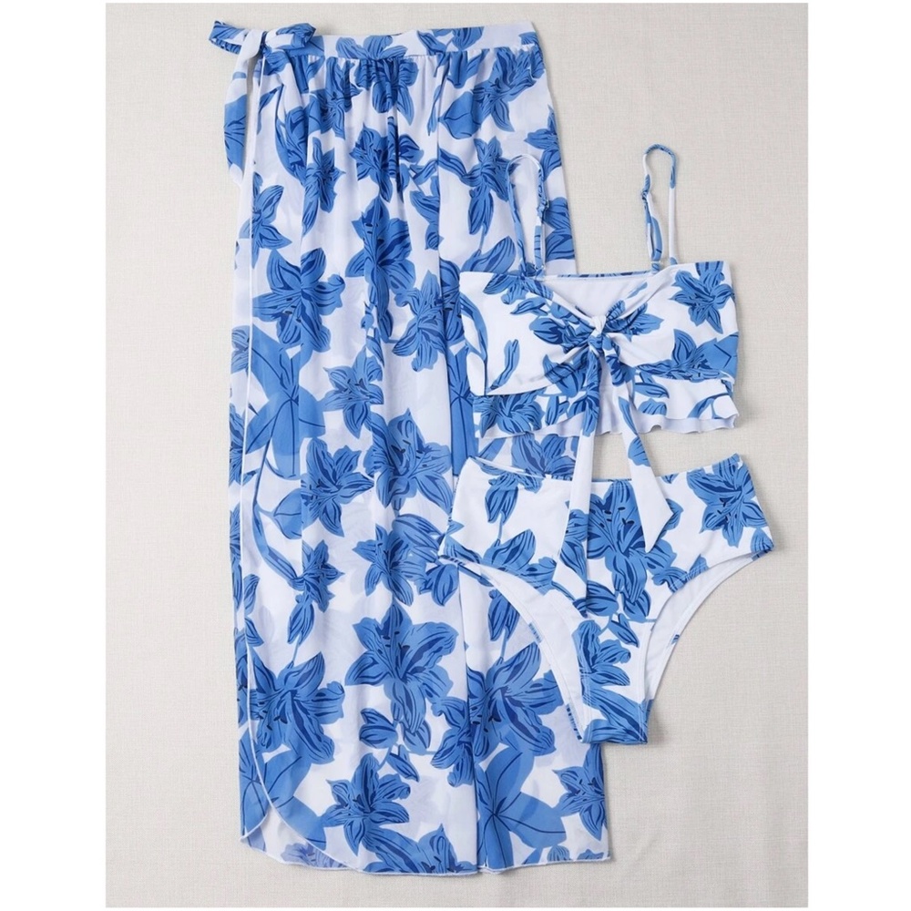 Boho Tropical Floral Print High Waist Bikini Cover up set - Picture 8 of 12